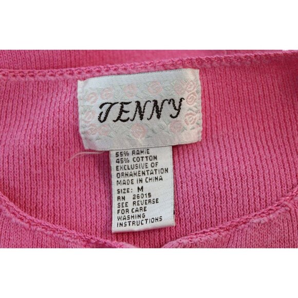 Vintage 90s Knit Cardigan Sweater Medium Pink Floral Embroidered Feminine Ramie - Picture 8 of 8